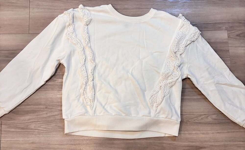 VyLette White Eyelet Lace Cold Shoulder Pullover Sweatshirt